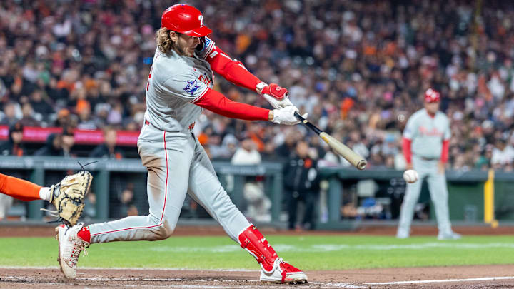 Philadelphia Phillies third baseman Alec Bohm swinging the bat 