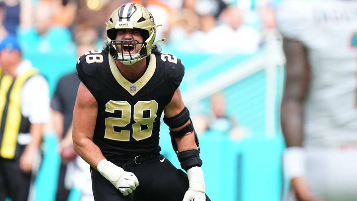 Nov 30, 2025; Miami Gardens, Florida, USA; New Orleans Saints linebacker Danny Stutsman (28) reacts after making a tackle against the Miami Dolphins during the first half at Hard Rock Stadium. Mandatory Credit: Rich Storry-Imagn Images Nov 30, 2025; Miami Gardens, Florida, USA; New Orleans Saints linebacker Danny Stutsman (28) reacts after making a tackle against the Miami Dolphins during the first half at Hard Rock Stadium. Mandatory Credit: Rich Storry-Imagn Images