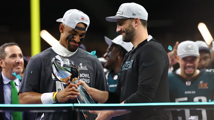 Eagles quarterback Jalen Hurts and head coach Nick Sirianni celebrated last year after winning the Super Bowl with a victory over the Chiefs in New Orleans.