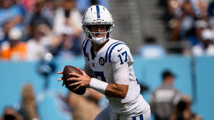Sep 21, 2025; Nashville, Tennessee, USA;  Indianapolis Colts quarterback Daniel Jones (17) against the Tennessee Titans during the second half at Nissan Stadium.