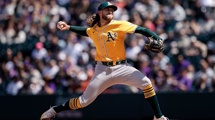Apr 6, 2025; Denver, Colorado, USA; Athletics starting pitcher Joey Estes (68) pitches in the first inning against the Colorado Rockies at Coors Field. Mandatory Credit: Isaiah J. Downing-Imagn Images Apr 6, 2025; Denver, Colorado, USA; Athletics starting pitcher Joey Estes (68) pitches in the first inning against the Colorado Rockies at Coors Field. Mandatory Credit: Isaiah J. Downing-Imagn Images