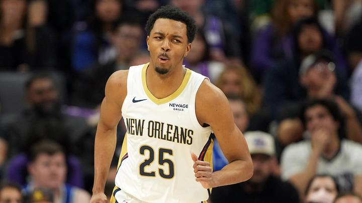 Apr 3, 2026; Sacramento, California, USA; New Orleans Pelicans forward Trey Murphy III (25) reacts after dunking against the Sacramento Kings during the third quarter at Golden 1 Center. Mandatory Credit: Darren Yamashita-Imagn Images