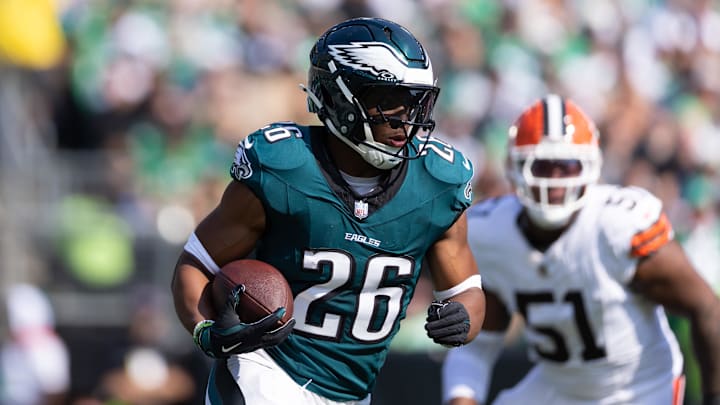 Oct 13, 2024; Philadelphia, Pennsylvania, USA; Philadelphia Eagles running back Saquon Barkley (26) runs with the ball against the Cleveland Browns during the first quarter at Lincoln Financial Field. Mandatory Credit: Bill Streicher-Imagn Images