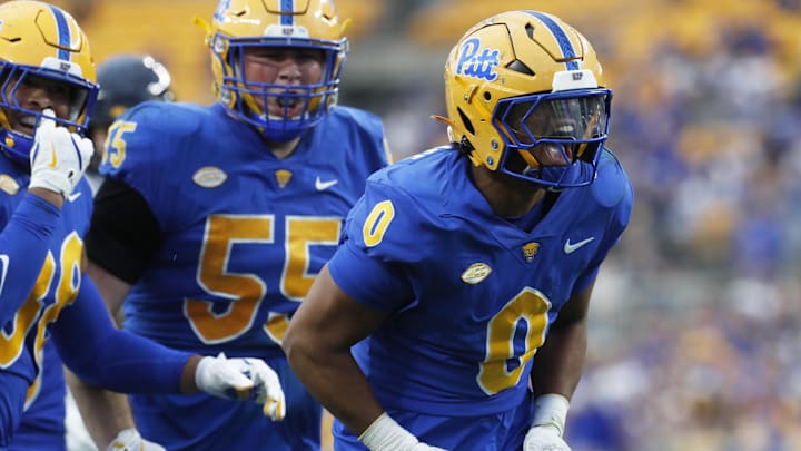 Oct 12, 2024; Pittsburgh, Pennsylvania, USA;  Pittsburgh Panthers linebacker Braylan Lovelace (0) reacts after registering a sack against the California Golden Bears during the third quarter at Acrisure Stadium. Pittsburgh won 17-15. Mandatory Credit: Charles LeClaire-Imagn Images