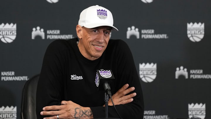Mar 22, 2025; Sacramento, California, USA; Sacramento Kings interim head coach Doug Christie talks to media members before the game against the Milwaukee Bucks at Golden 1 Center. Mandatory Credit: Darren Yamashita-Imagn Images Mar 22, 2025; Sacramento, California, USA; Sacramento Kings interim head coach Doug Christie talks to media members before the game against the Milwaukee Bucks at Golden 1 Center. Mandatory Credit: Darren Yamashita-Imagn Images