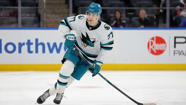 Oct 21, 2025; Elmont, New York, USA; San Jose Sharks center Michael Misa (77) skates against the New York Islanders during the third period at UBS Arena. Mandatory Credit: Brad Penner-Imagn Images Oct 21, 2025; Elmont, New York, USA; San Jose Sharks center Michael Misa (77) skates against the New York Islanders during the third period at UBS Arena. Mandatory Credit: Brad Penner-Imagn Images