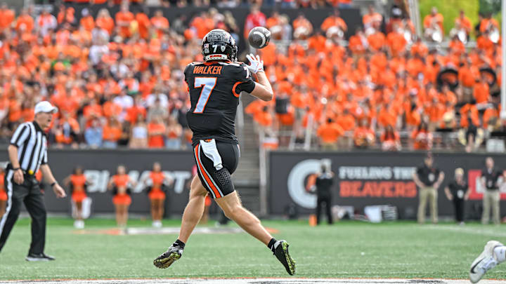 Sep 14, 2024; Corvallis, Oregon, USA; Oregon State Beavers wide receiver Trent Walker (7) catches a pass during the first quarter against the Oregon Ducks at Reser Stadium. Mandatory Credit: Craig Strobeck-Imagn Images