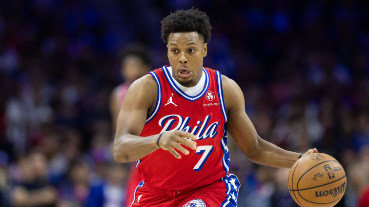 Apr 28, 2024; Philadelphia, Pennsylvania, USA; Philadelphia 76ers guard Kyle Lowry (7) dribbles the ball against the New York Knicks during the first half of game four of the first round in the 2024 NBA playoffs at Wells Fargo Center. Mandatory Credit: Bill Streicher-USA TODAY Sports Apr 28, 2024; Philadelphia, Pennsylvania, USA; Philadelphia 76ers guard Kyle Lowry (7) dribbles the ball against the New York Knicks during the first half of game four of the first round in the 2024 NBA playoffs at Wells Fargo Center. Mandatory Credit: Bill Streicher-USA TODAY Sports