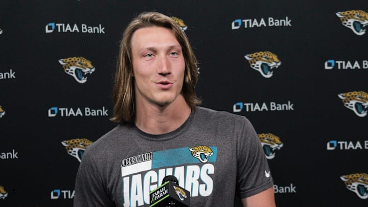 Jaguars quarterback Trevor Lawrence talks with media inside the TV Studio of TIAA Bank Field.