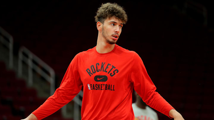 Oct 22, 2021; Houston, Texas, USA; Houston Rockets center Alperen Sengun (28) warms up prior to the game against the Oklahoma City Thunder at Toyota Center. Mandatory Credit: Erik Williams-Imagn Images