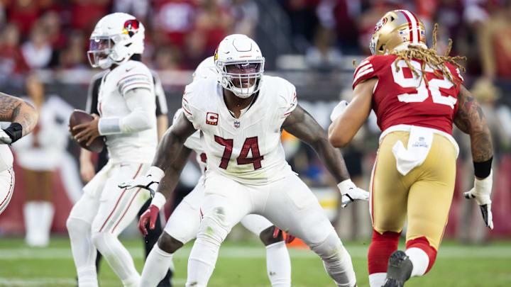 Dec 17, 2023; Glendale, Arizona, USA; Arizona Cardinals offensive lineman D.J. Humphries (74) against the San Francisco 49ers at State Farm Stadium. Mandatory Credit: Mark J. Rebilas-USA TODAY Sports Dec 17, 2023; Glendale, Arizona, USA; Arizona Cardinals offensive lineman D.J. Humphries (74) against the San Francisco 49ers at State Farm Stadium. Mandatory Credit: Mark J. Rebilas-USA TODAY Sports