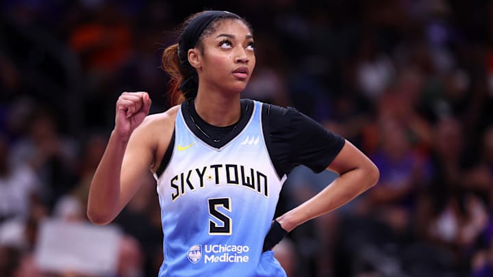 Aug 28, 2025; Phoenix, Arizona, USA; Chicago Sky forward Angel Reese (5) reacts against the Phoenix Mercury at Phx Arena. Mandatory Credit: Mark J. Rebilas-Imagn Images