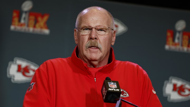 Feb 6, 2025; New Orleans, LA, USA;  Kansas City Chiefs head coach Andy Reid during a press conference in advance of Super Bowl LIX at New Orleans Marriott. Mandatory Credit: Stephen Lew-Imagn Images