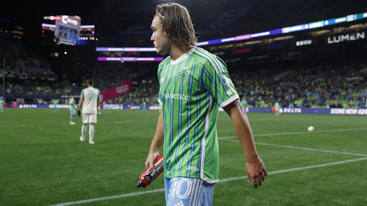 Mar 2, 2024; Seattle, Washington, USA; Seattle Sounders FC forward Pedro de la Vega (10) reacts
