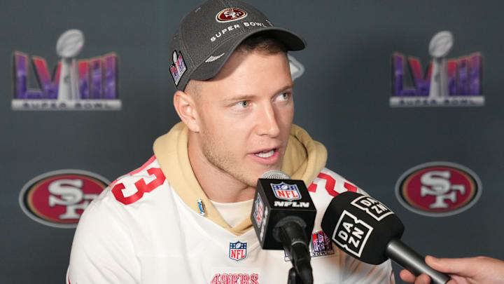 Feb 8, 2024; Las Vegas, NV, USA; San Francisco 49ers running back Christian McCaffrey (23) during a press conference before Super Bowl LVIII at Hilton Lake Las Vegas Resort and Spa. Mandatory Credit: Kyle Terada-USA TODAY Sports