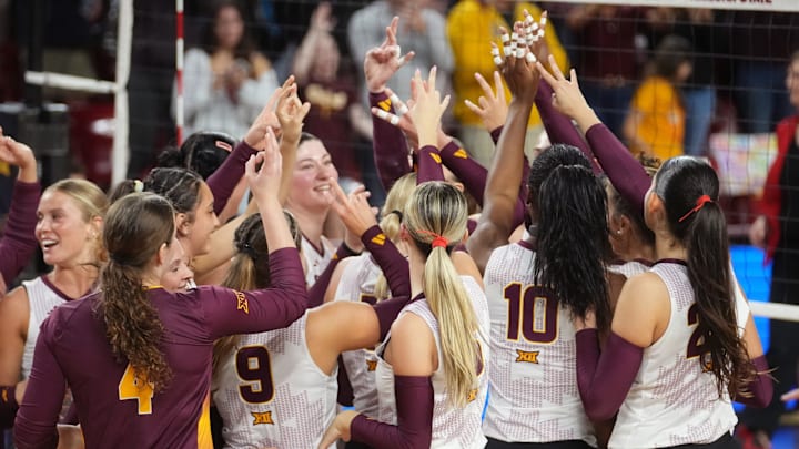 The ASU volleyball team celebrates its 3-1 win over the Cincinnati Bearcats at Desert Financial Arena on Nov. 26, 2025.