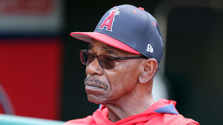 Jun 21, 2025; Anaheim, California, USA; Los Angeles Angels manager Ron Washington (37) watches batting practice from a dugout before the game against the Houston Astros at Angel Stadium. Washington is stepping indefinitely away from the team due to health reasons. Mandatory Credit: Kiyoshi Mio-Imagn Images