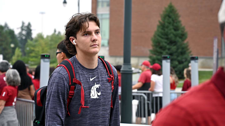 Sep 6, 2025; Pullman, Washington, USA; Washington State Cougars quarterback Jaxon Potter (5) walks to Gesa Field at Martin Stadium for a game against the San Diego State Aztecs. Mandatory Credit: James Snook-Imagn Images
