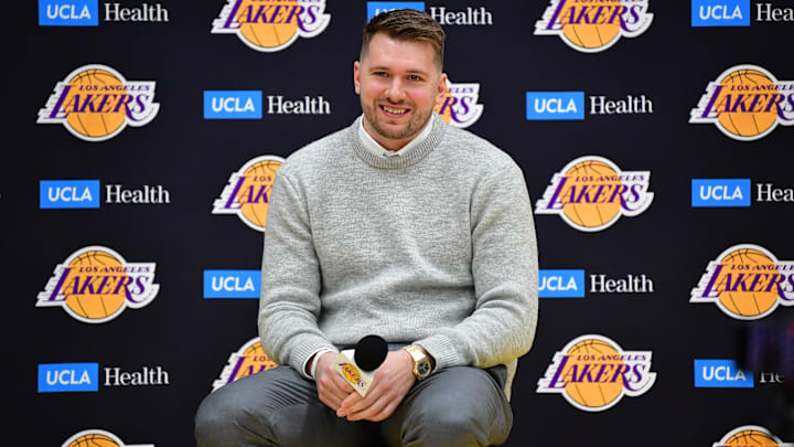 Feb 4, 2025; El Segundo, CA, USA; Los Angeles Lakers guard Luka Doncic is introduced at UCLA Health Training Center. Mandatory Credit: Gary A. Vasquez-Imagn Images