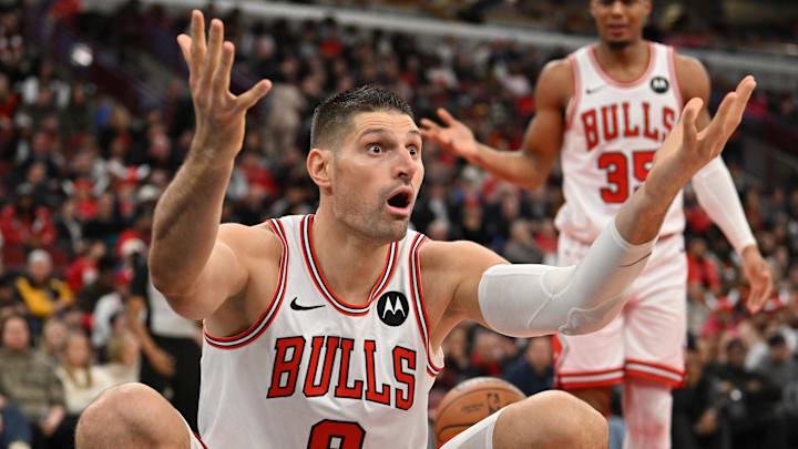 Dec 31, 2025; Chicago, Illinois, USA; Chicago Bulls center Nikola Vucevic (9) reacts against the New Orleans Pelicans during the second half at United Center. Mandatory Credit: Patrick Gorski-Imagn Images