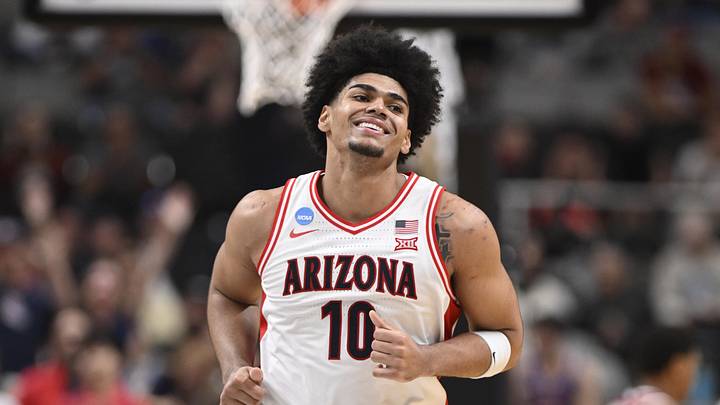 Mar 26, 2026; San Jose, CA, USA; Arizona Wildcats forward Koa Peat (10) reacts after a pay against the Arkansas Razorbacks in the second half during a Sweet Sixteen game of the West Regional of the men's 2026 NCAA Tournament at SAP Center. Mandatory Credit: Eakin Howard-Imagn Images Mar 26, 2026; San Jose, CA, USA; Arizona Wildcats forward Koa Peat (10) reacts after a pay against the Arkansas Razorbacks in the second half during a Sweet Sixteen game of the West Regional of the men's 2026 NCAA Tournament at SAP Center. Mandatory Credit: Eakin Howard-Imagn Images
