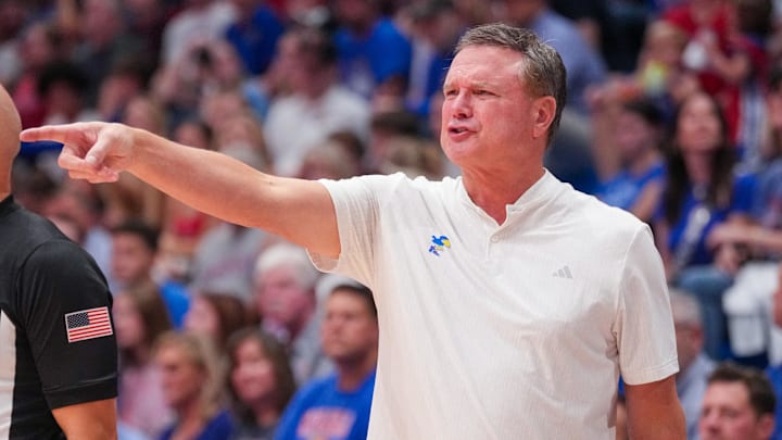 Oct 29, 2024; Lawrence, KS, USA; Kansas Jayhawks head coach Bill Self gestures to players against the Washburn Ichabods during the first half at Allen Fieldhouse. Mandatory Credit: Denny Medley-Imagn Images