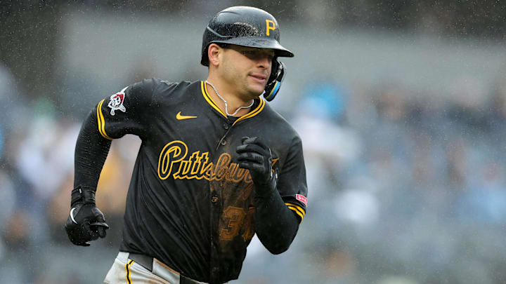 Sep 28, 2024; Bronx, New York, USA; Pittsburgh Pirates second baseman Nick Yorke (38) rounds the bases after hitting a two run home run against the New York Yankees during the ninth inning at Yankee Stadium. Mandatory Credit: Brad Penner-Imagn Images