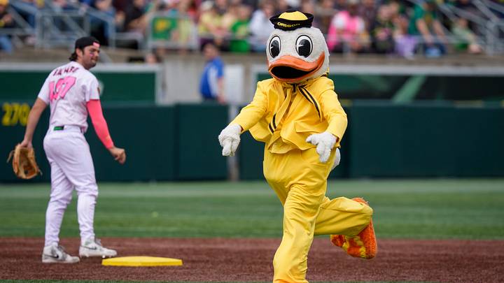 The Oregon Duck competes in a duck race as the Savannah Bananas visit Autzen Stadium in Eugene, Oregon on June 27, 2026.