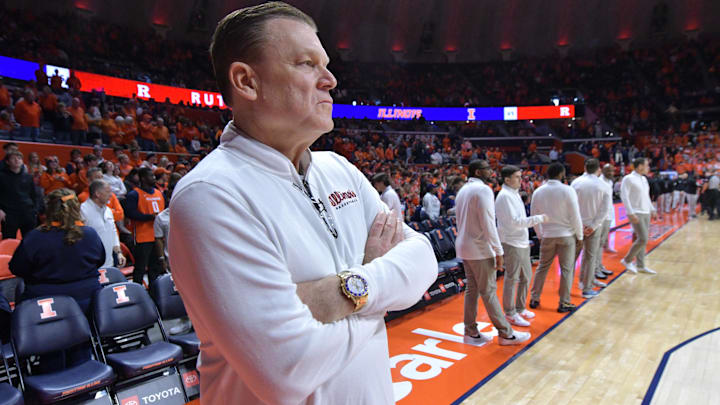 Jan 21, 2024; Champaign, Illinois, USA; Illinois Fighting Illini head coach Brad Underwood watches