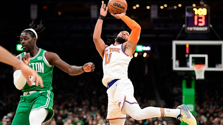 Dec 8, 2023; Boston, Massachusetts, USA;  New York Knicks guard Jalen Brunson (11) is fouled by