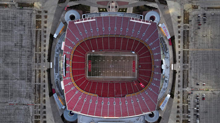 Feb 14, 2024; Kansas City, MO, USA; The Kansas City Chiefs logos at midfield and end zone at Arrowhead Stadium at the Truman Sports Complex. Mandatory Credit: Kirby Lee-Imagn Images