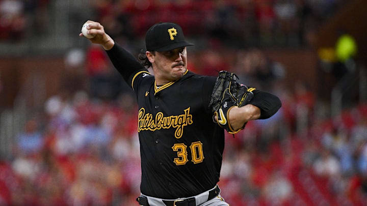 Sep 16, 2024; St. Louis, Missouri, USA; Pittsburgh Pirates starting pitcher Paul Skenes (30) pitches against the St. Louis Cardinals during the first inning at Busch Stadium. Mandatory Credit: Jeff Curry-Imagn Images