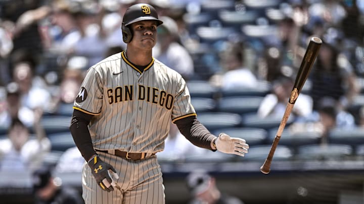May 27, 2023; Bronx, New York, USA; San Diego Padres left fielder Juan Soto (22) reacts after a