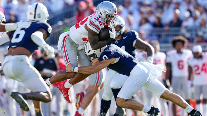 Ohio State football running back TreVeyon Henderson and Penn State football linebacker Dominic DeLuca in 2024