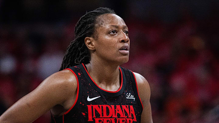 Sep 28, 2025; Indianapolis, Indiana, USA; Indiana Fever guard Kelsey Mitchell (0) in the second half during game four against the Las Vegas Aces of the second round for the 2025 WNBA Playoffs at Gainbridge Fieldhouse. Mandatory Credit: Trevor Ruszkowski-Imagn Images