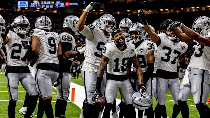 Dec 29, 2024; New Orleans, Louisiana, USA; Las Vegas Raiders cornerback Jack Jones (18) reacts to intercepting a play from New Orleans Saints quarterback Spencer Rattler (18) during the second half at Caesars Superdome. Mandatory Credit: Stephen Lew-Imagn Images Dec 29, 2024; New Orleans, Louisiana, USA; Las Vegas Raiders cornerback Jack Jones (18) reacts to intercepting a play from New Orleans Saints quarterback Spencer Rattler (18) during the second half at Caesars Superdome. Mandatory Credit: Stephen Lew-Imagn Images