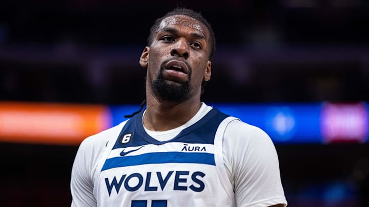 Jan 11, 2023; Detroit, Michigan, USA; Minnesota Timberwolves center Naz Reid (11) looks on in the second quarter against the Detroit Pistons at Little Caesars Arena. Mandatory Credit: Allison Farrand-Imagn Images