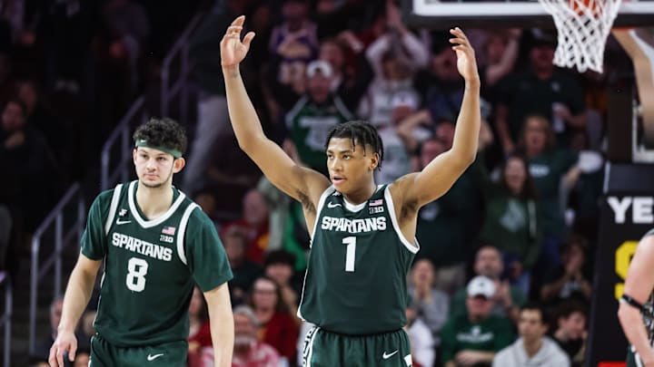 Feb 1, 2025; Los Angeles, California, USA;  Michigan State Spartans guard Jeremy Fears Jr. (1) reacts during the second half push against USC Trojans at Galen Center. Mandatory Credit: William Navarro-Imagn Images