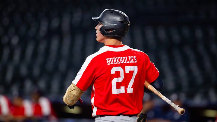 Jun 18, 2024; Phoenix, AZ, USA; Freedom High School outfielder Griffin Burkholder during the MLB Draft Combine at Chase Field. Mandatory Credit: Mark J. Rebilas-USA TODAY Sports Jun 18, 2024; Phoenix, AZ, USA; Freedom High School outfielder Griffin Burkholder during the MLB Draft Combine at Chase Field. Mandatory Credit: Mark J. Rebilas-USA TODAY Sports