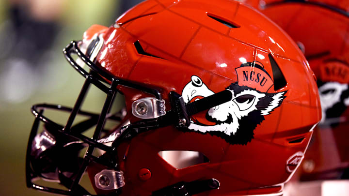 Sep 2, 2021; Raleigh, North Carolina, USA; A general view of the North Carolina State Wolfpack alternative helmet during the second half against the South Florida Bulls at Carter-Finley Stadium. Mandatory Credit: Rob Kinnan-Imagn Images