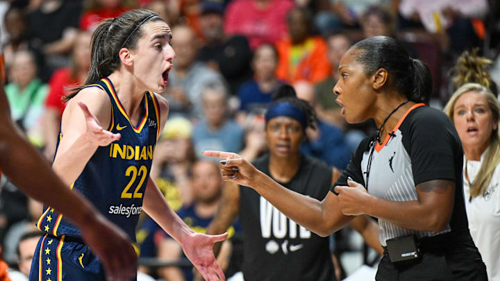 Sep 22, 2024; Uncasville, Connecticut, USA; Indiana Fever guard Caitlin Clark (22) receives a technical foul during the second quarter during game one of the first round of the 2024 WNBA Playoffs at Mohegan Sun Arena. Mandatory Credit: Mark Smith-Imagn Images