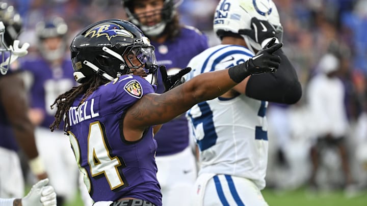 Aug 7, 2025; Baltimore, Maryland, USA; Baltimore Ravens running back Keaton Mitchell (34) celebrates after a big run against the Indianapolis Colts during the first quarter at M&T Bank Stadium. Mandatory Credit: Rafael Suanes-Imagn Images