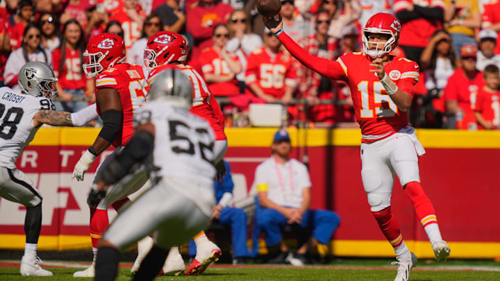 Oct 19, 2025; Kansas City, Missouri, USA; Kansas City Chiefs quarterback Patrick Mahomes (15) passes the ball against the Las Vegas Raiders during the first quarter of the game at GEHA Field at Arrowhead Stadium. Mandatory Credit: Jay Biggerstaff-Imagn Images Oct 19, 2025; Kansas City, Missouri, USA; Kansas City Chiefs quarterback Patrick Mahomes (15) passes the ball against the Las Vegas Raiders during the first quarter of the game at GEHA Field at Arrowhead Stadium. Mandatory Credit: Jay Biggerstaff-Imagn Images
