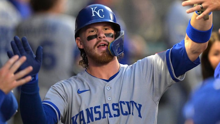 Sep 23, 2025; Anaheim, California, USA; Kansas City Royals shortstop Bobby Witt Jr. (7) is greeted in the dugout after scoring during the first inning against the Los Angeles Angels at Angel Stadium. Mandatory Credit: Jayne Kamin-Oncea-Imagn Images Sep 23, 2025; Anaheim, California, USA; Kansas City Royals shortstop Bobby Witt Jr. (7) is greeted in the dugout after scoring during the first inning against the Los Angeles Angels at Angel Stadium. Mandatory Credit: Jayne Kamin-Oncea-Imagn Images
