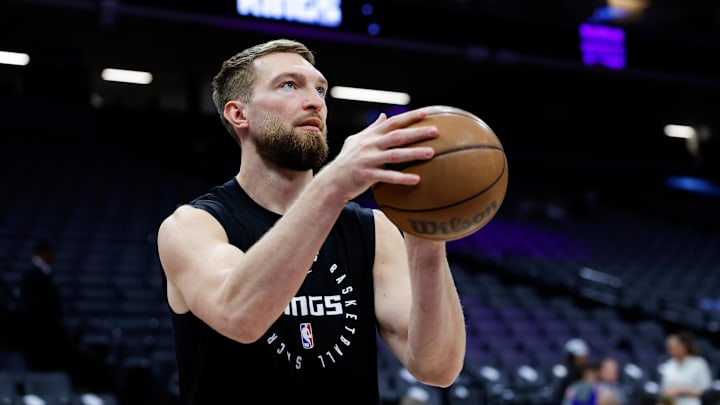 Mar 17, 2025; Sacramento, California, USA; Sacramento Kings forward Domantas Sabonis (11) warms up before the game against the Memphis Grizzlies at Golden 1 Center. Mandatory Credit: Sergio Estrada-Imagn Images