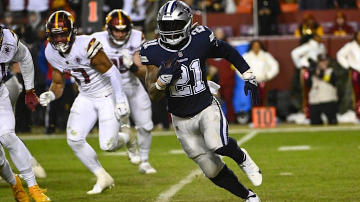 Jan 8, 2023; Landover, Maryland, USA; Dallas Cowboys running back Ezekiel Elliott (21) carries the
