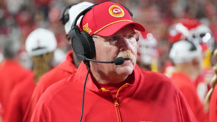 Kansas City Chiefs head coach Andy Reid watches play against the Chicago Bears during the first half at GEHA Field at Arrowhead Stadium.
