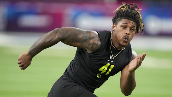 Feb 26, 2026; Indianapolis, IN, USA; Texas A&M defensive lineman Cashius Howell (DL41) during the NFL Scouting Combine  at Lucas Oil Stadium. Mandatory Credit: Kirby Lee-Imagn Images