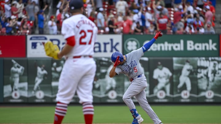 Jul 14, 2024; St. Louis, Missouri, USA;  Chicago Cubs designated hitter Christopher Morel (5) reacts as he runs the bases after hitting a solo home run off of St. Louis Cardinals relief pitcher Andrew Kittredge (27) during the eighth inning at Busch Stadium. Mandatory Credit: Jeff Curry-USA TODAY Sports