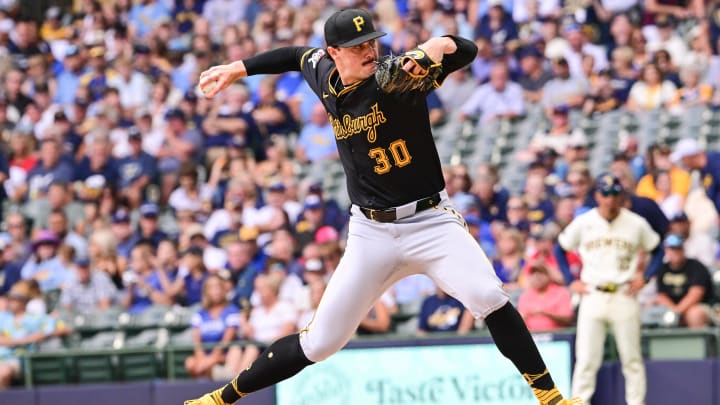 Jul 11, 2024; Milwaukee, Wisconsin, USA; Pittsburgh Pirates starting pitcher Paul Skenes (30) pitches in the first inning against the Milwaukee Brewers at American Family Field. Mandatory Credit: Benny Sieu-USA TODAY Sports